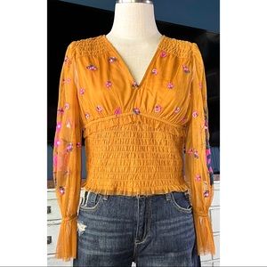 Anthropologie Smocked Tulle Blouse Top MP